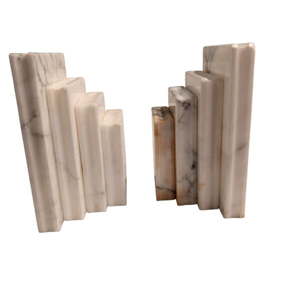 White Marble Bookends Natural Veins Green Base Den library - Picture 12 of 14